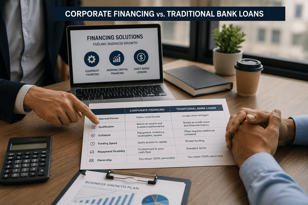 Business professionals compare corporate financing and traditional bank loans to evaluate equipment financing and asset based lending options for business growth.