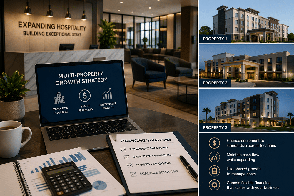 Hospitality business planning multi property expansion with equipment financing, cash flow management, and scalable growth strategies.